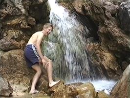 Ryan, as usual, is eager to get under the lower waterfall at Gordale Scar
